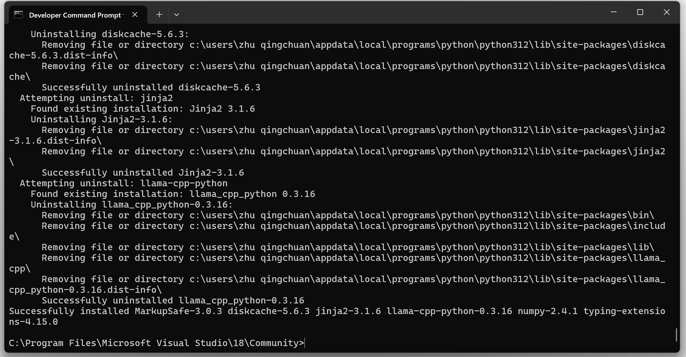 Developer Command Prompt 中最终安装成功的截图